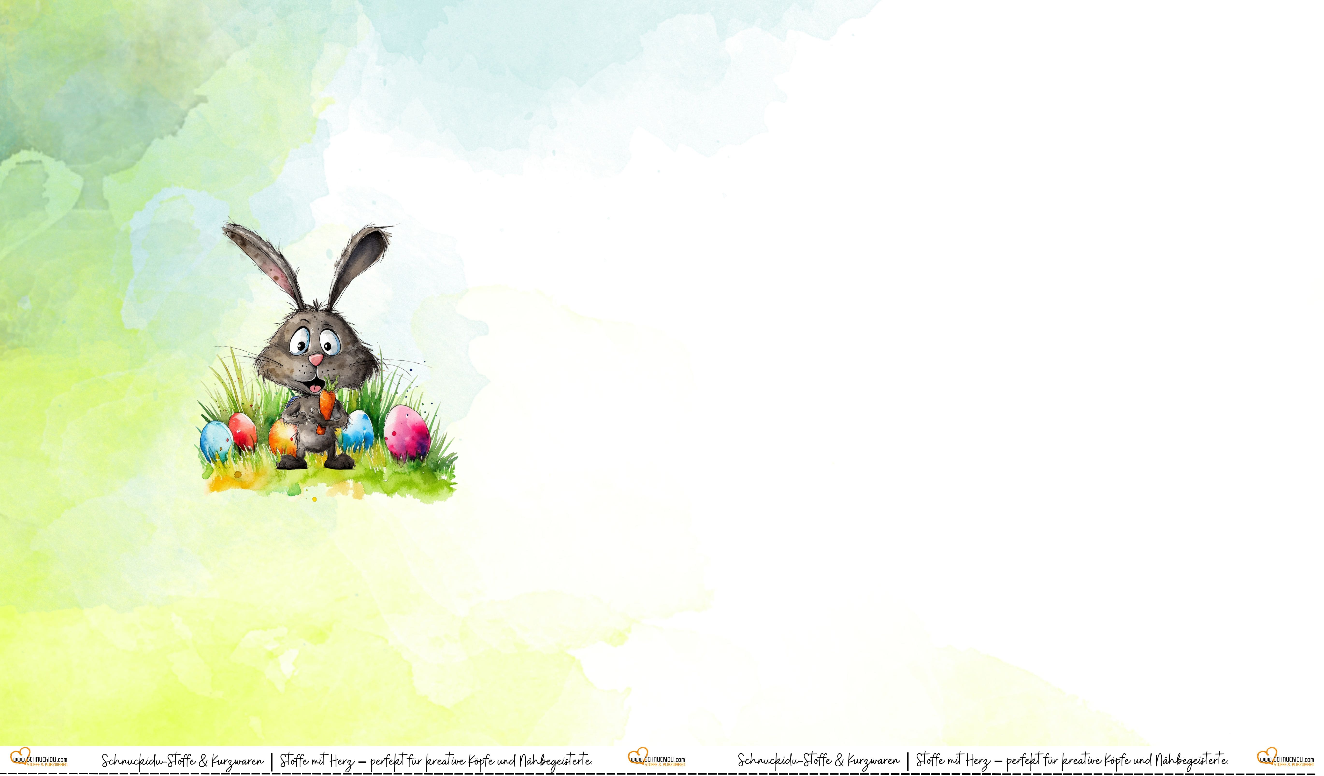 Schnuckidu Eigendesign French Terry Panel Osterhase mit knuffigem Hase, Karotte und bunten Ostereiern im Gras auf Aquarell-Hintergrund.