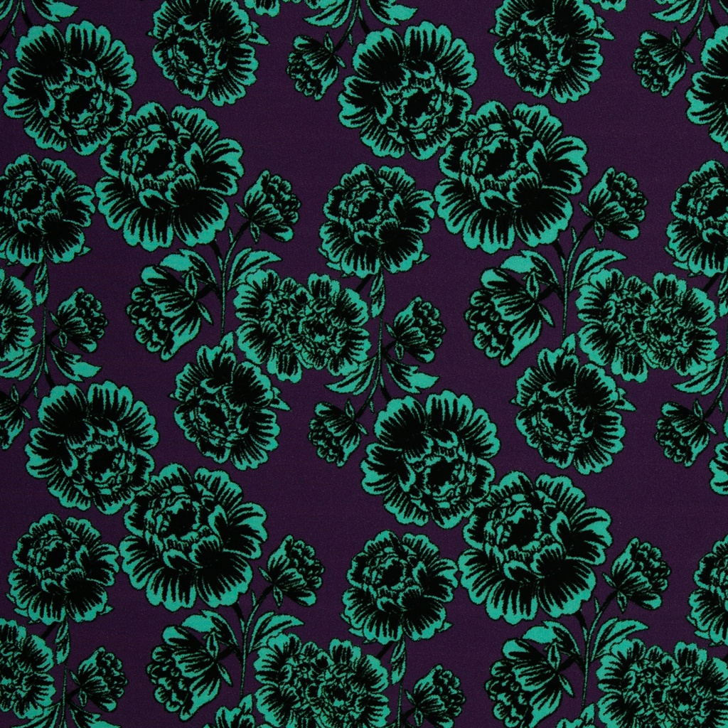 Swafing Viskose Webware Peonies by Cherry Picking – Elegant fließender Viskosestoff mit smaragdgrünen Pfingstrosen auf dunkellilafarbener Webware.