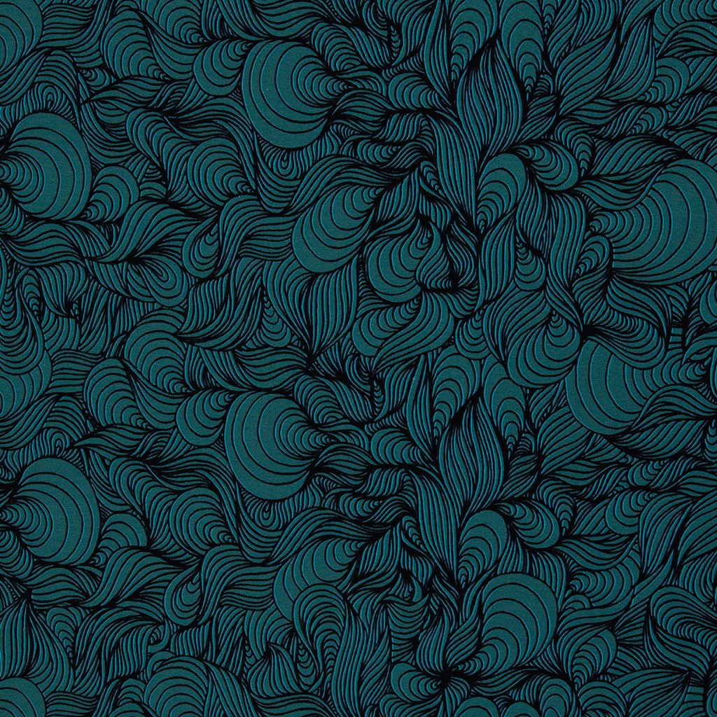 Hochwertiger Baumwolljersey "Mussel Bench" von Thorsten Berger – kunstvolles Muschel-Design in Smaragdgrün, 95% Baumwolle, 5% Elasthan, Öko-Tex Standard 100