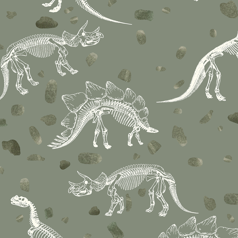 French Terry - Sommersweat - Motiv - Digitaldruck - Dinoskelette auf Armeegrün