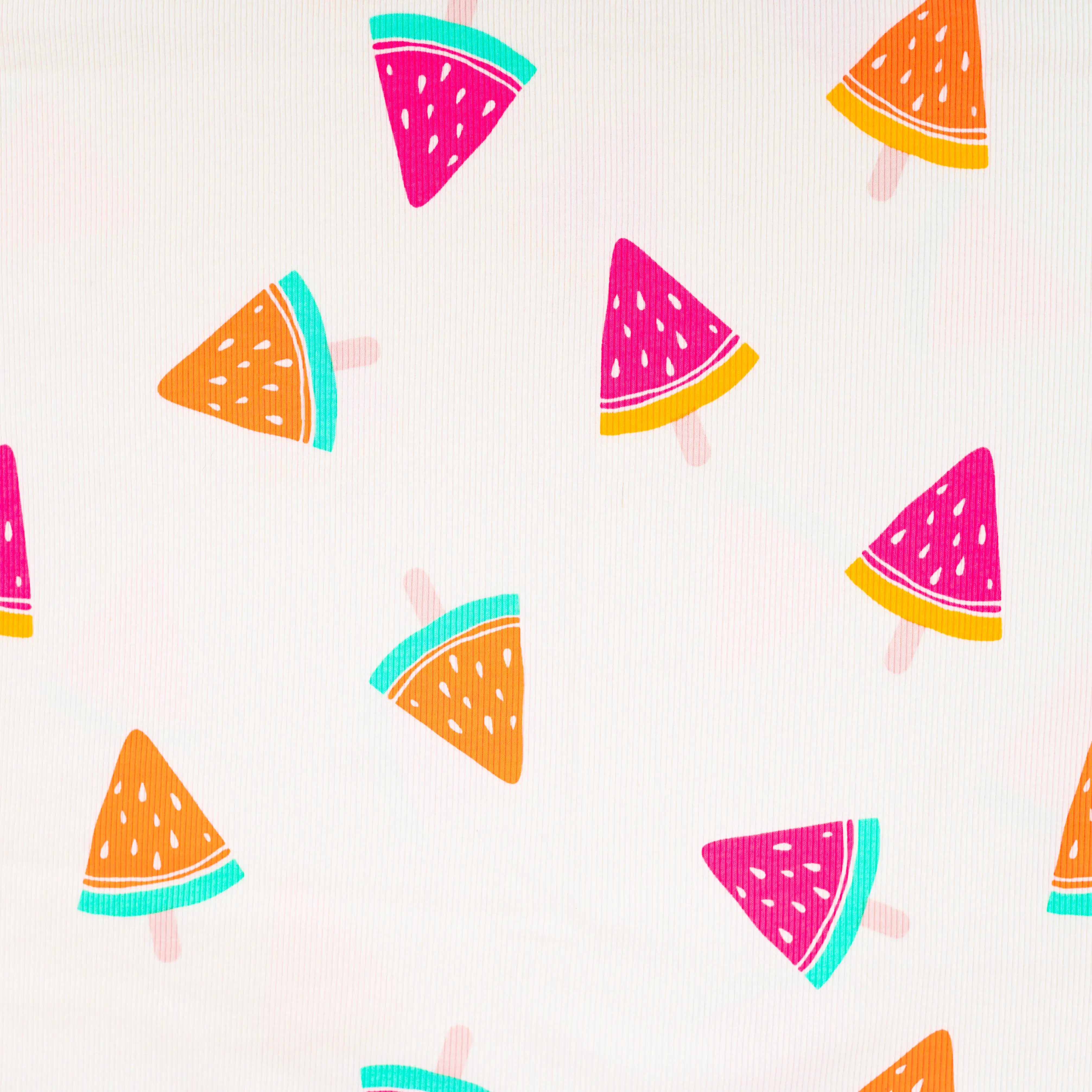 Elastischer Rippjersey Stoff mit sommerlichen Wassermelonen-Eis-Motiven in Pink, Neon-Orange und Türkis auf weißem Grund, luftiger Feinripp für Kinderkleidung