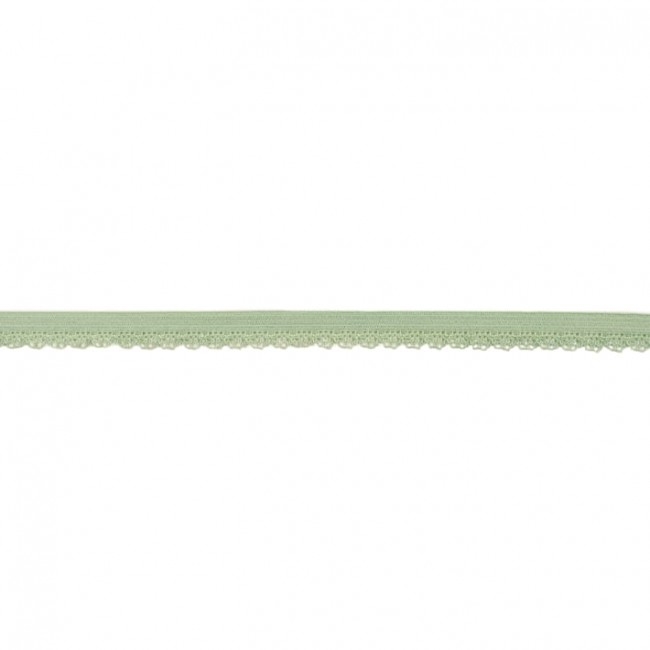 Elastische Spitze in zartem Mint mit dekorativer Bogenkante, 11 mm Breite, hochwertige Mischung mit Lycra, ideal für Lingerie, Babykleidung und sommerliche Akzente.
