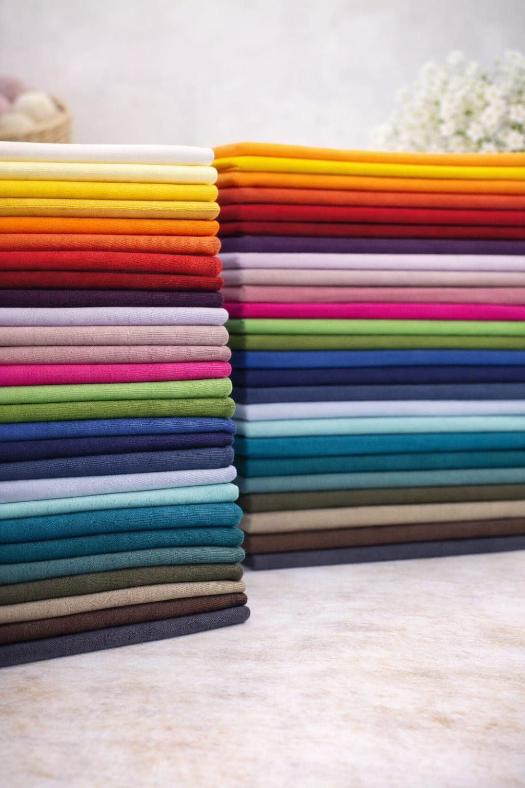 Bunte Stapel hochwertiger Baumwolljersey Stoffe als Meterware für Kinderkleidung und Shirts.