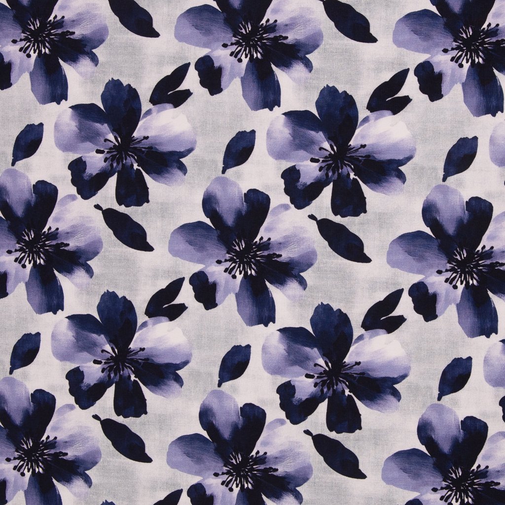 Hochwertiger French Terry "Judith" von Swafing, opulentes Blumenmuster mit großen Blüten in Lavendel, Flieder und Weiß auf dunklem Grund, 95% Baumwolle & 5% Elasthan, Öko-Tex Standard 100