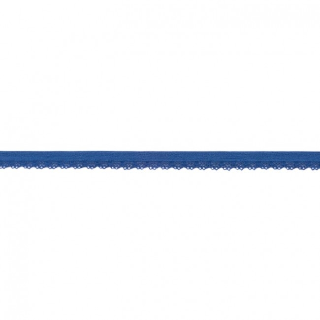 Elastische Spitze in leuchtendem Kobaltblau mit dekorativer Bogenkante, 11 mm Breite, hochwertige Mischung mit Lycra, ideal für Lingerie, Unterwäsche-Abschlüsse und farbenfrohe Akzente.