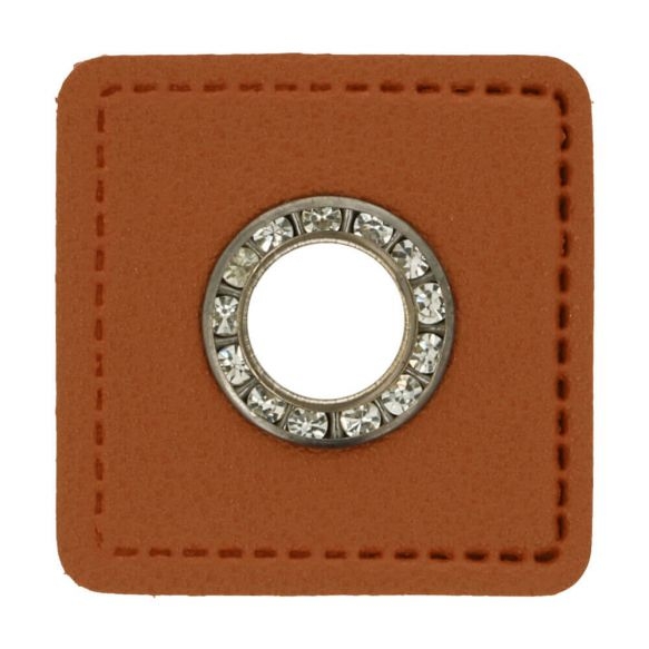 Kunstleder Ösen - Ösen Patches - Viereck Braun - 8mm - Silber mit Strasssteine - 1 Stück