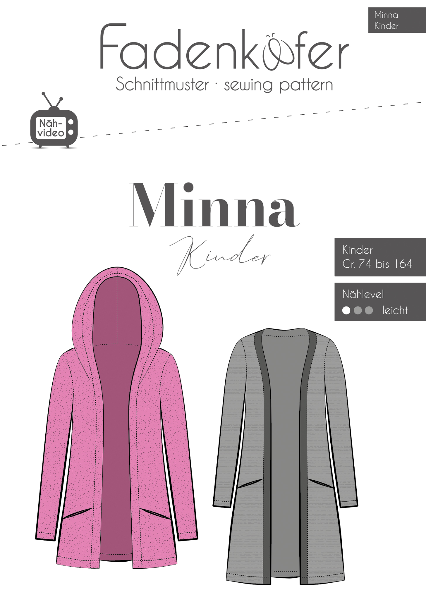 Papierschnittmuster Strickjacke Minna für Kinder von Fadenkäfer – Inklusive farbigem DinA0-Bogen und bebilderter Anleitung für die Größen 74 bis 164. Gemütlicher Cardigan mit Knopfleiste.