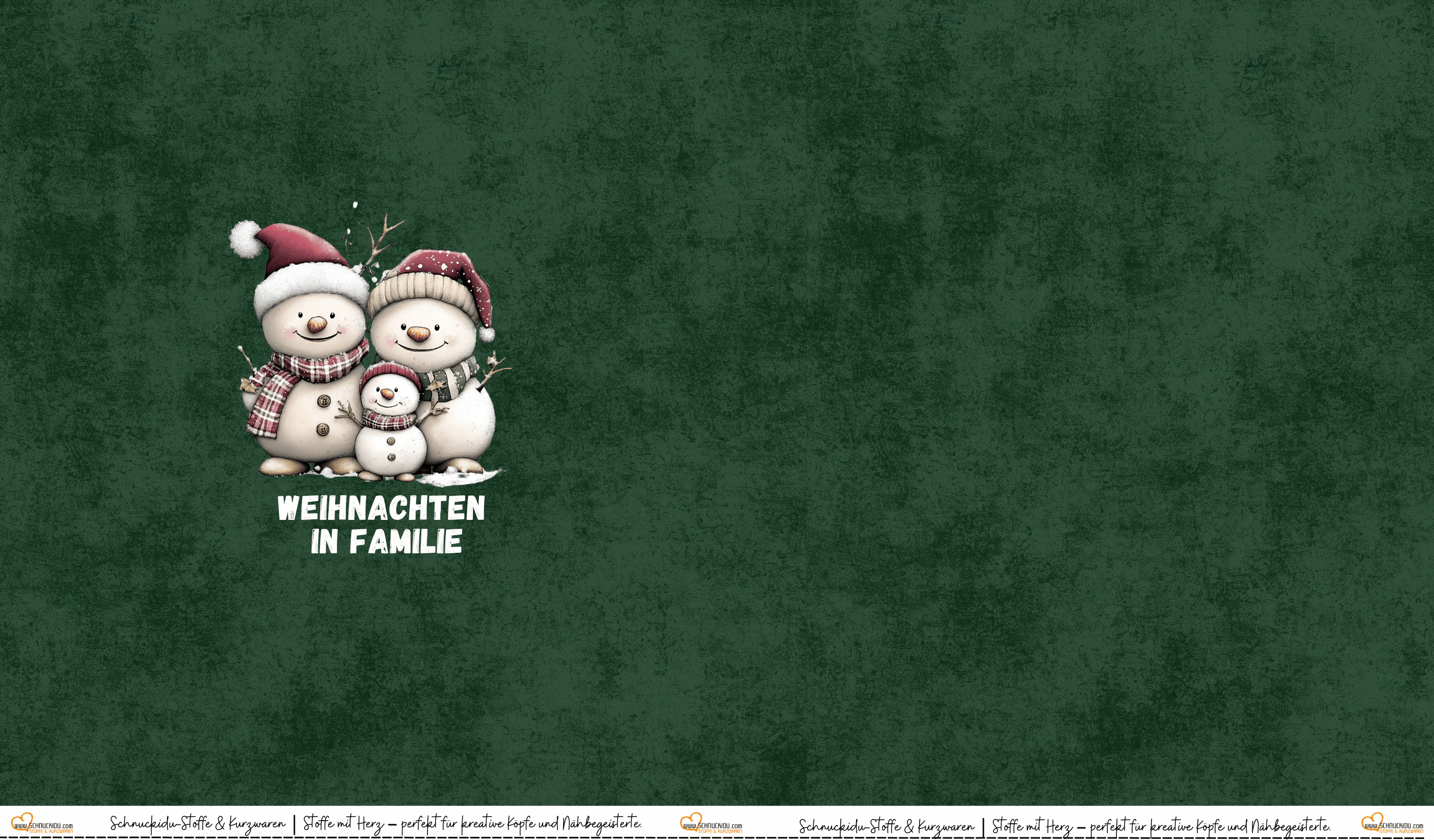 Schnuckidu Eigendesign French Terry Panel Schneemänner Weihnachten in Familie mit süßer Schneemann-Familie, Wintermützen und dunkelgrünem Hintergrund.