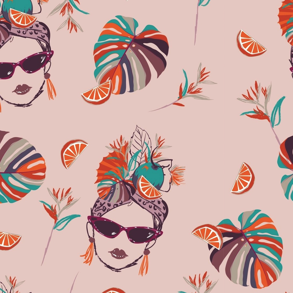 Baumwolljersey - Jersey Stoff - Motivjersey - Tropical Vibes - Frauenkopf und Blätter auf Altrosa