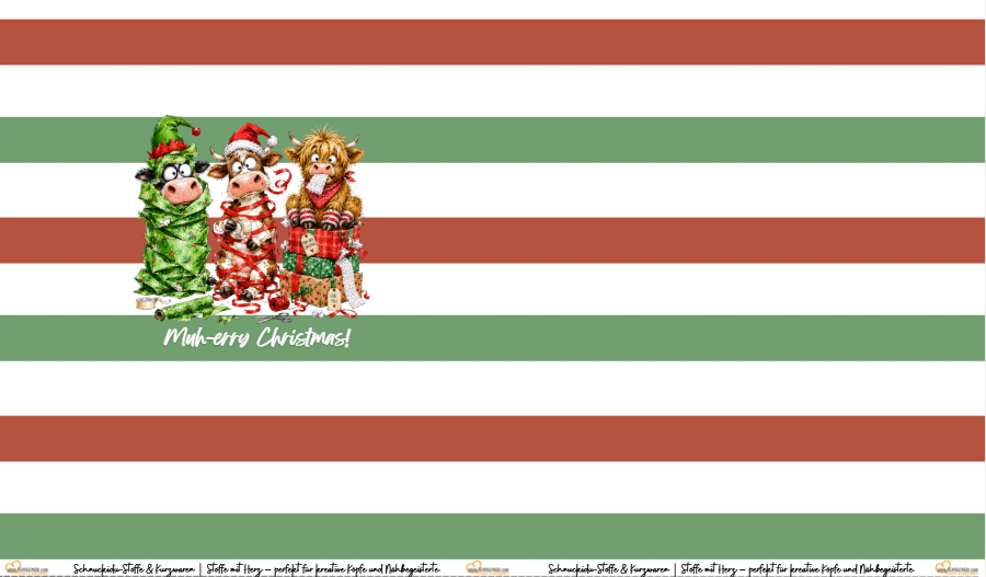 Schnuckidu Eigendesign French Terry Panel Muh-erry Christmas mit drei lustigen Kühen beim Geschenke verpacken auf rot-grün gestreiftem Hintergrund.