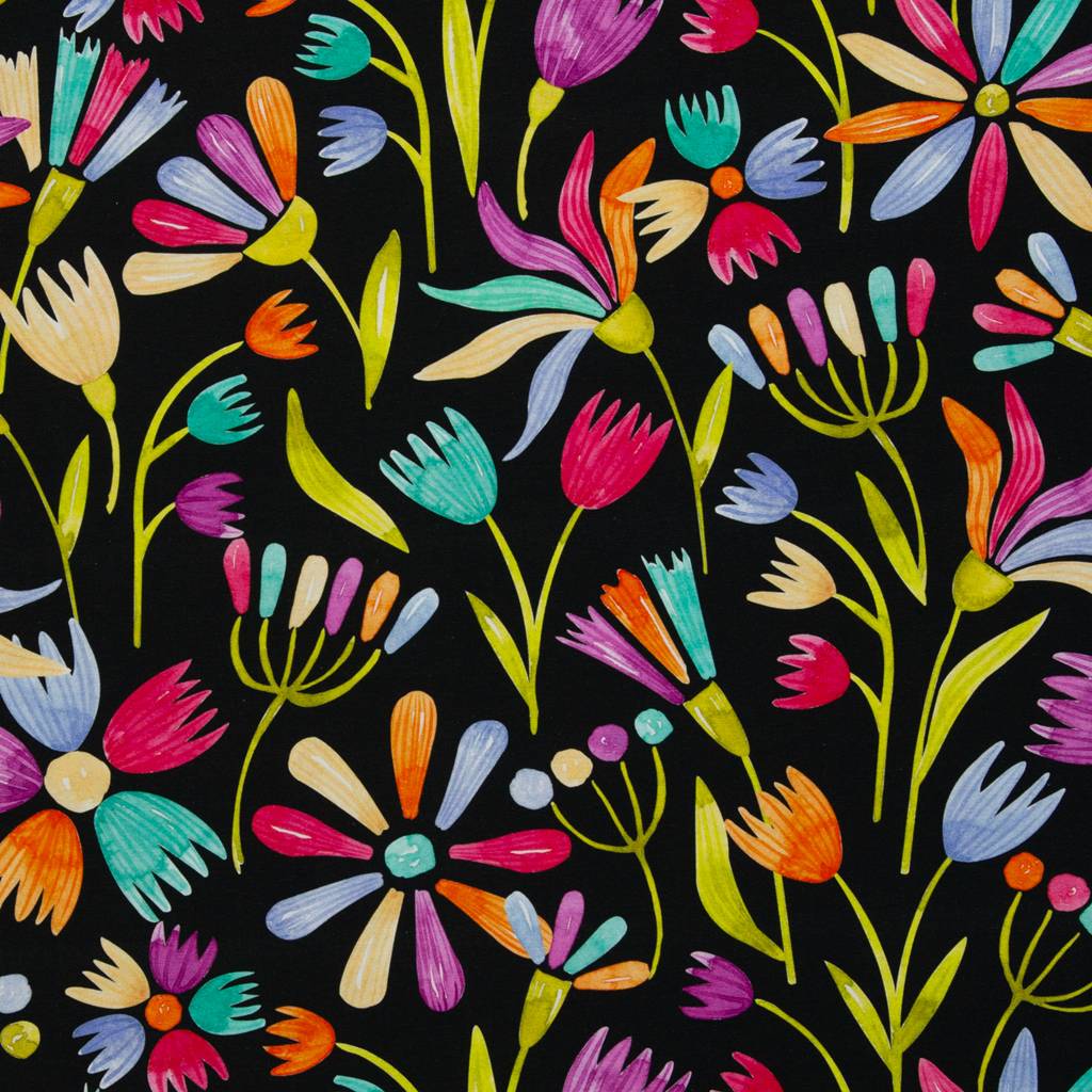 Swafing Baumwolljersey Flower Pop von Hip Som Hap, Design bunte Blumen auf schwarzem Grund, 95% Baumwolle 5% Elasthan, Vorbestellung Juni 2026