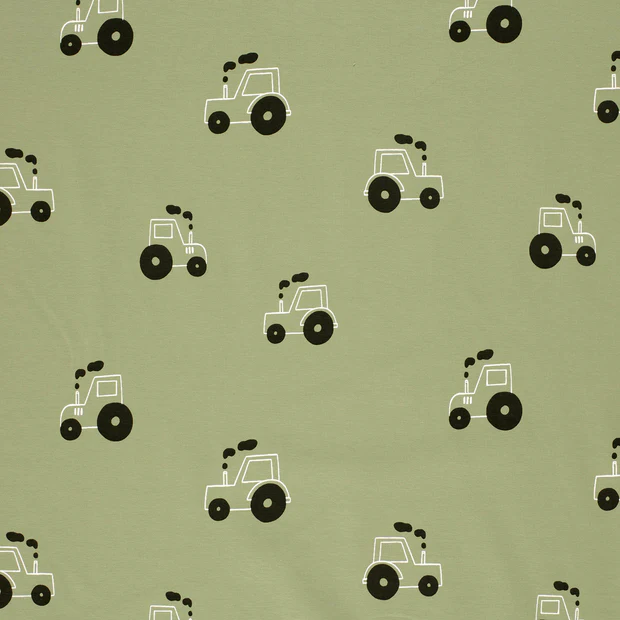 Elastischer Baumwolljersey in Olive mit Traktor-Motiv – Kinderstoff für kleine Landwirte