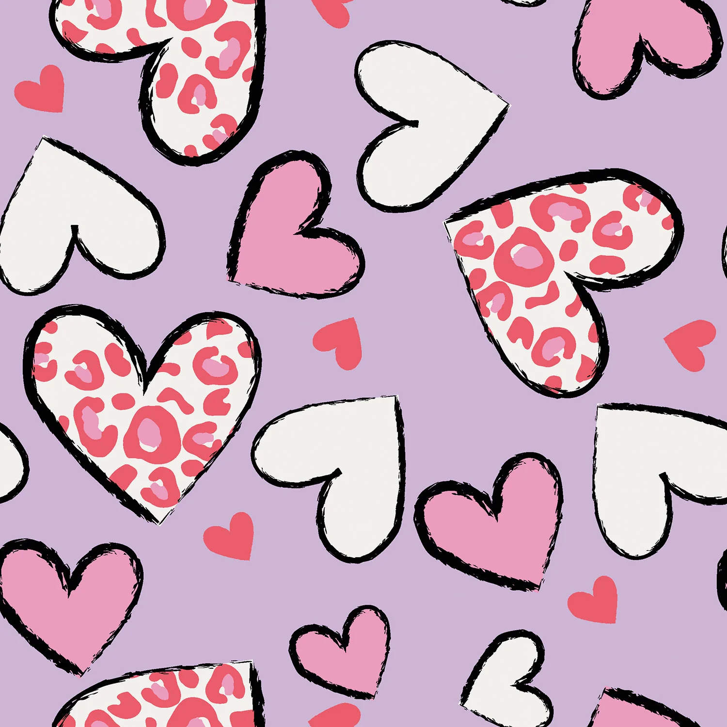 Moderner Motivjersey mit Leo-Herzen auf lila Grund, hochwertiger Digitaldruck, 95% Baumwolle, 5% Elasthan, weich & elastisch für trendige Nähprojekte