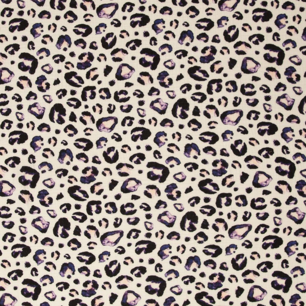 Weicher Musselin Double Gauze Stoff Thea aus 100% Baumwolle mit modernem Leoparden-Muster in Lila und Dunkelblau auf hellem Grund, 100g/m² für Bekleidung und Trend-Accessoires