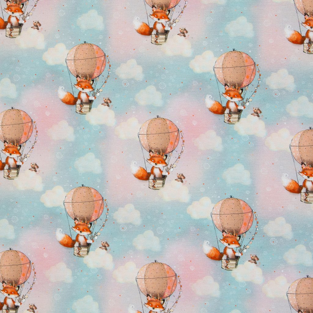French Terry Sommersweat Little Fox Friends von Swafing mit Fuchs im Heissluftballon – Pastellfarben, Öko-Tex Standard 100, weicher Kinderstoff für Hoodies & Hosen