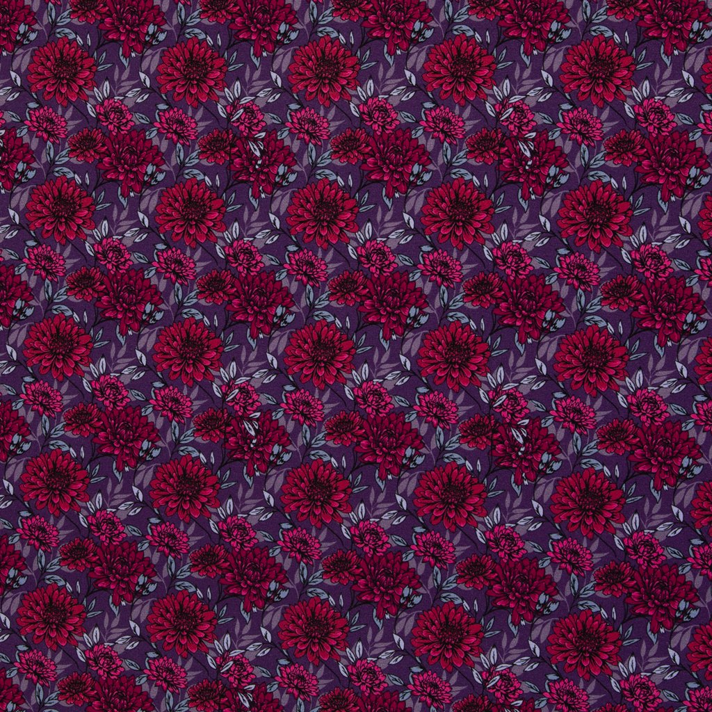 Hochwertiger Modal French Terry von Swafing aus der Kairo-Kollektion – florales Muster mit Blüten auf beerenfarbenem Hintergrund für elegante Kleidun