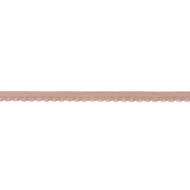 Elastische Spitze mit Bogenkante in Beige, 11 mm Breite, hochwertige Meterware aus Polyester-Lycra-Mix für Lingerie, Unterwäsche und zeitlose Abschlüsse.