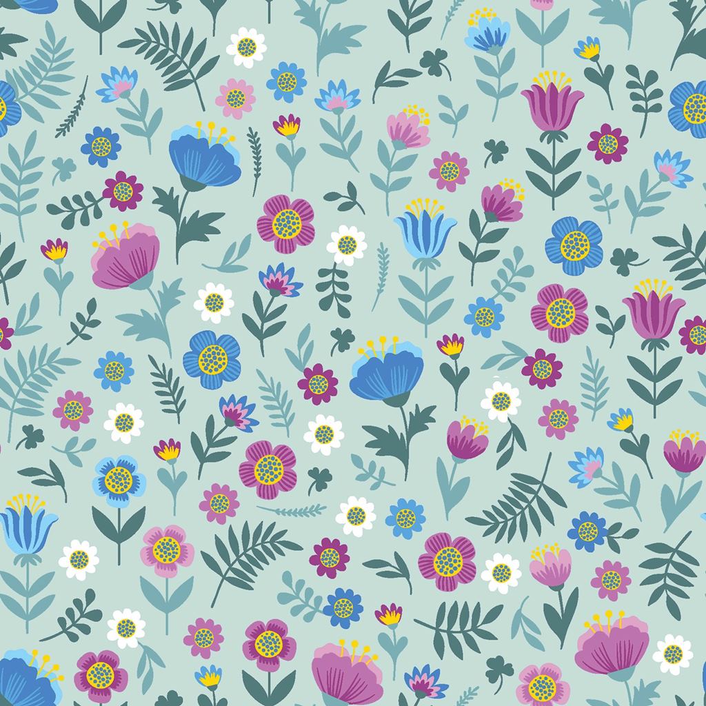 Baumwolljersey - Jersey Stoff - Motivjersey - Digitaldruck - Blumen in Violett und Aqua auf Minze