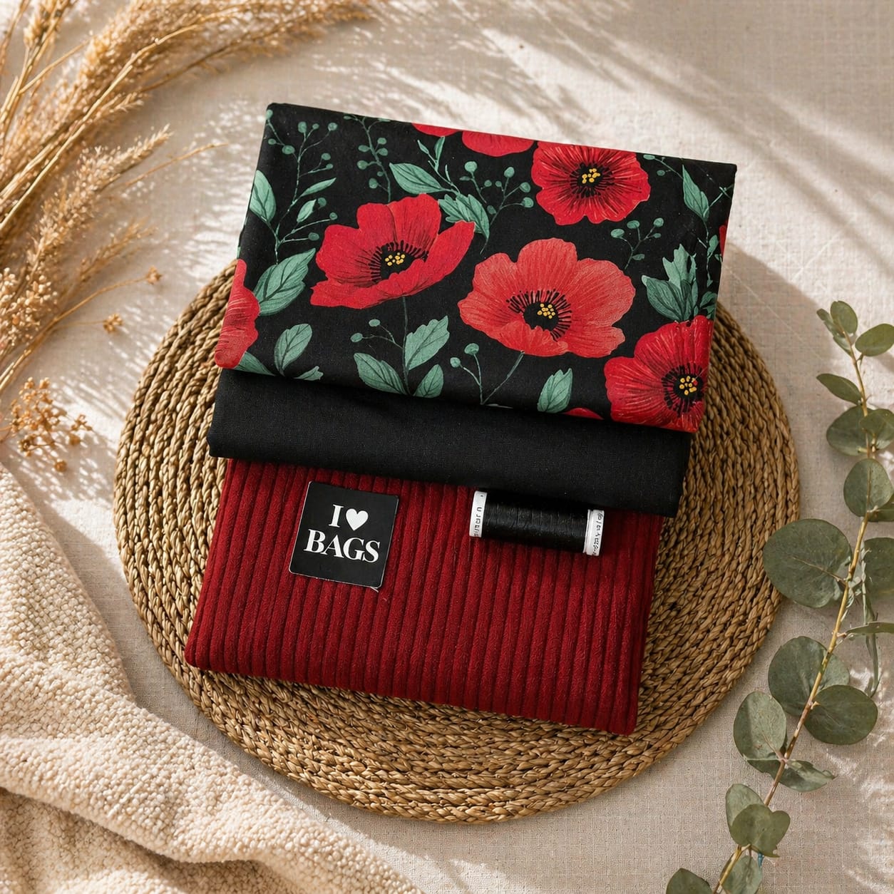 Stoffpaket Mohnblume mit Mohnblüten-Webware, unifarbener Webware, dunkelrotem Cord, Nähgarn und "I ❤️ BAGS" Label von Schnuckidu