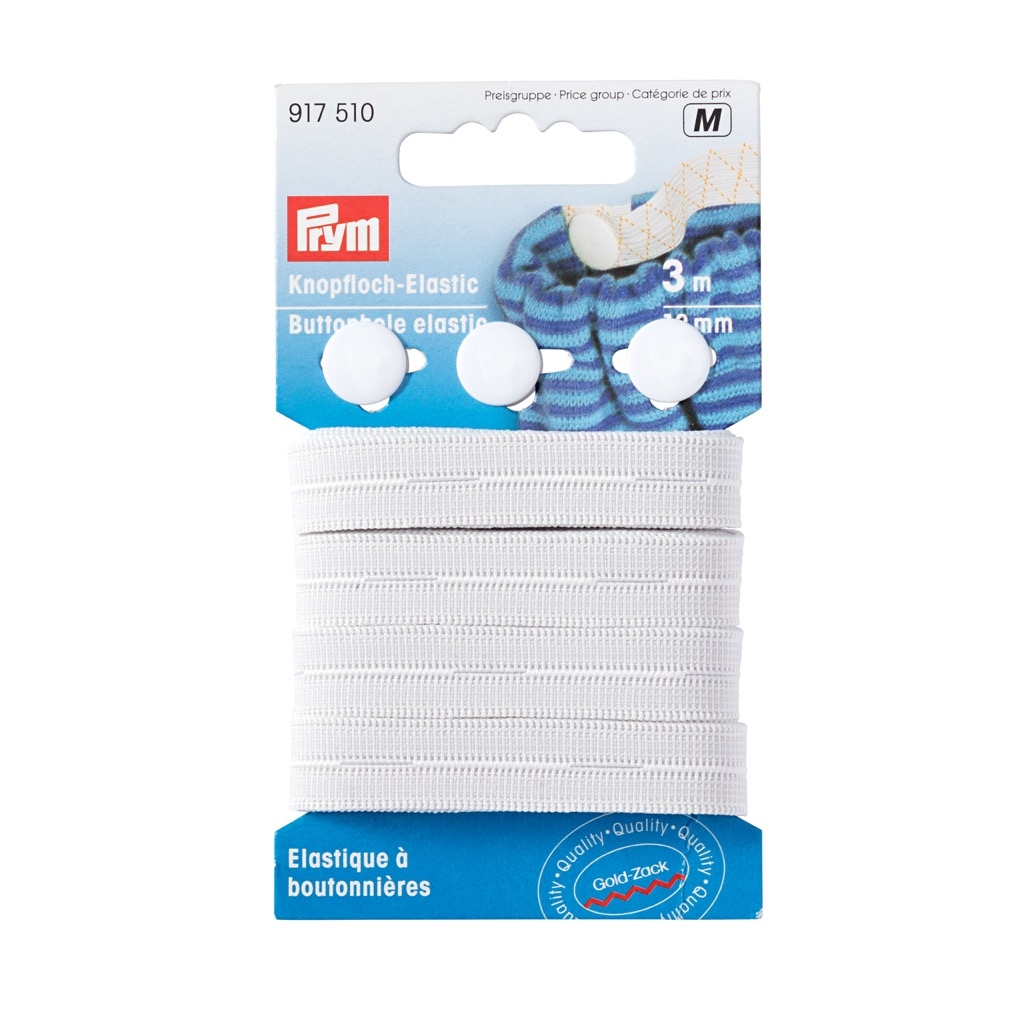 Prym Knopfloch-Elastic mit 3 Knöpfen 12 mm weiß - 3 Meter - 917510