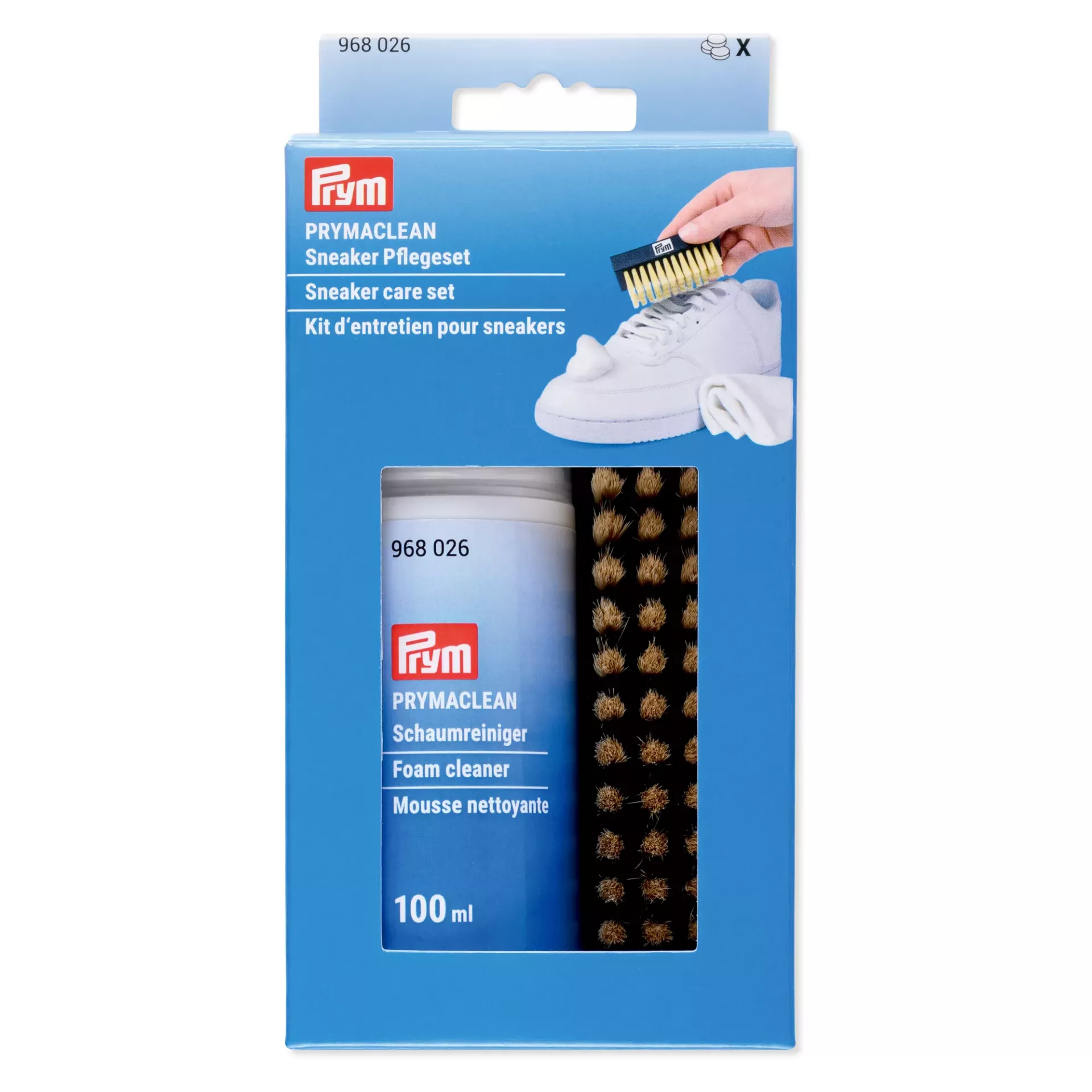 Prymaclean Sneaker Pflegeset von Prym (Art. 968026) bestehend aus Reinigungsschaum (100ml), Reinigungsbürste und weichem Mikrofasertuch.