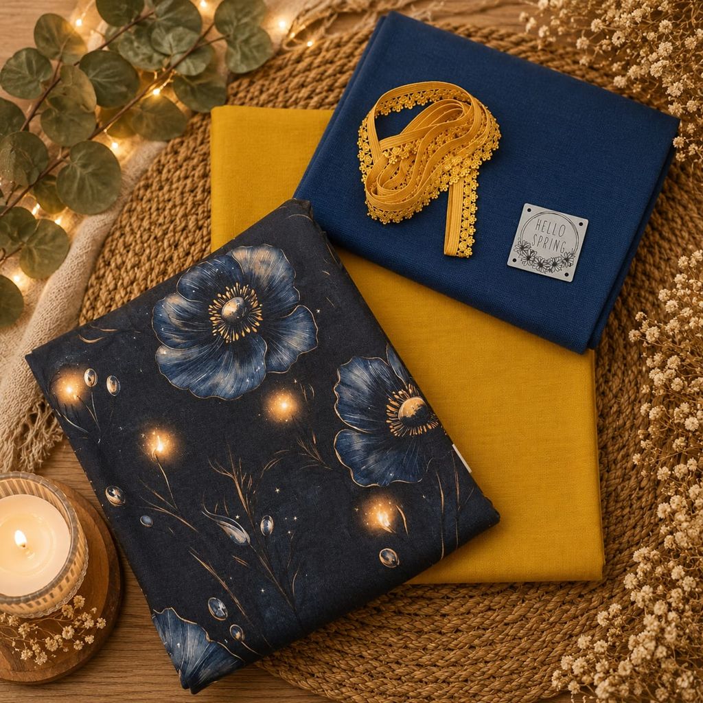 Limitierte Näh-Box mit dem Eigendesign Glowing Nightflowers auf French Terry, passendem Uni French Terry, Bündchen, elastischer Spitze und Kunstlederlabel.