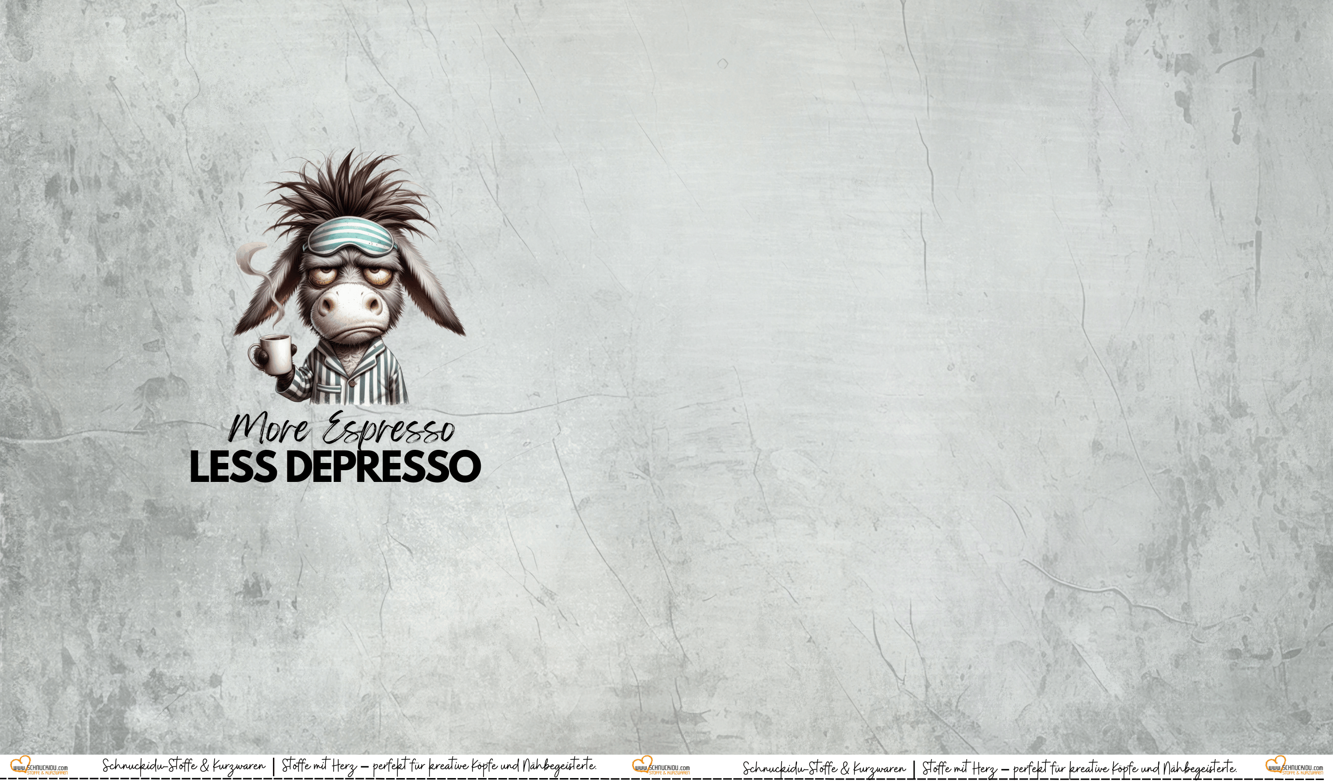 French Terry Panel "More Espresso Less Depresso" mit glücklicher Katze und Kaffeetasse auf grau meliertem Hintergrund – ca. 80x145cm, 95% Baumwolle, 5% Elasthan, Öko-Tex Standard 100