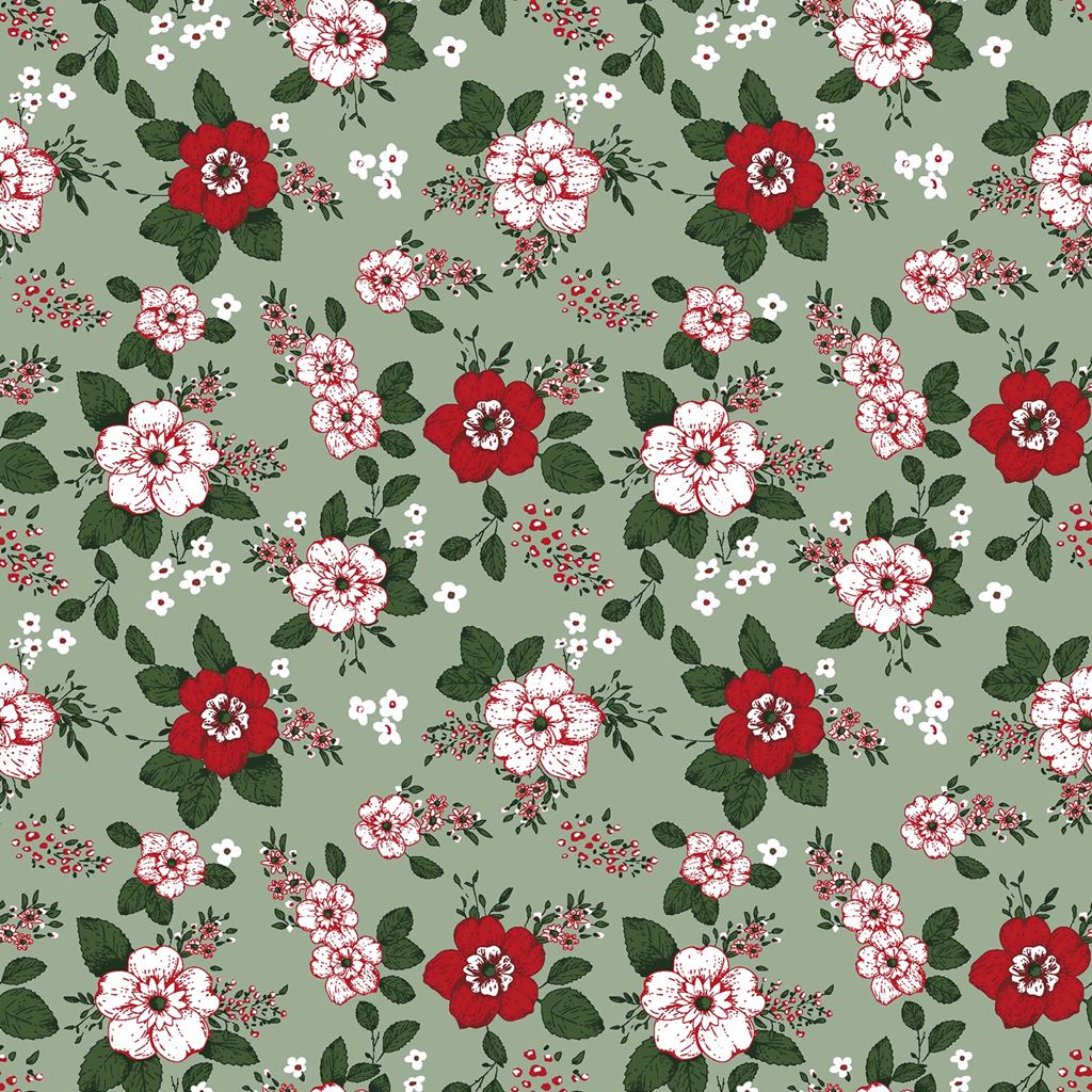 Webware - Baumwoll Stoff - Digitaldruck - Blumen in Rot und Weiß auf Altgrün
