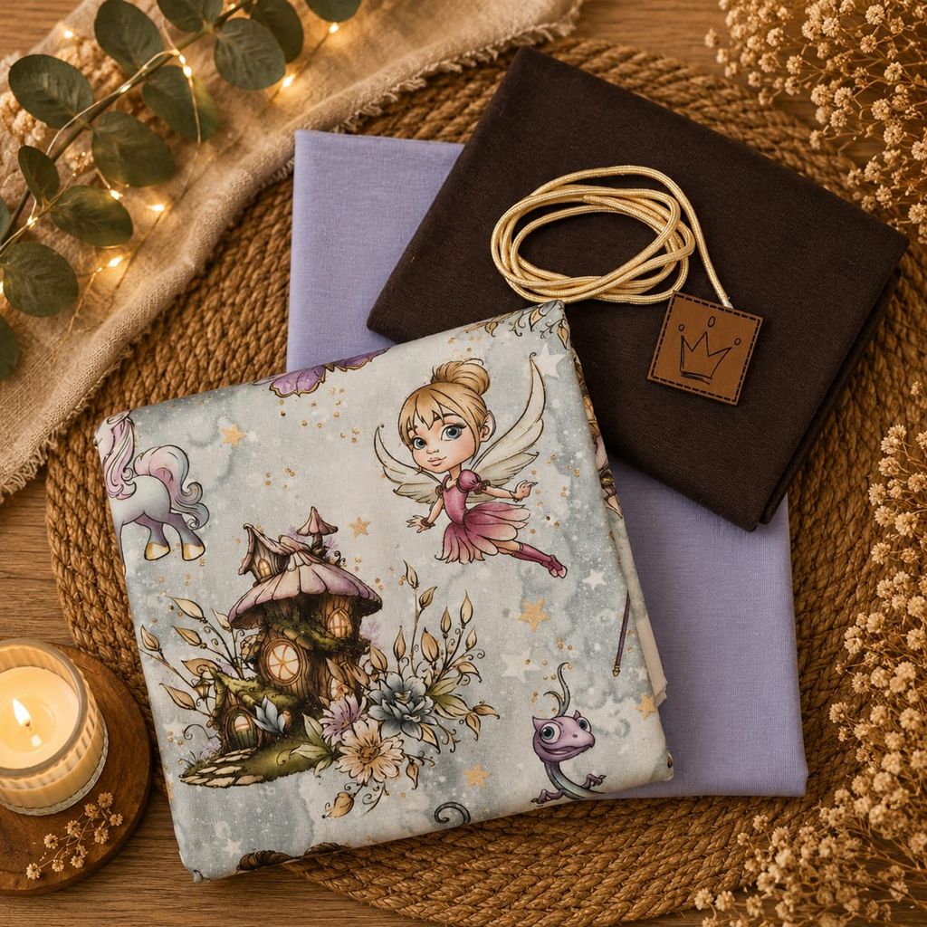 Limitierte Näh-Box mit dem Eigendesign Feen in Altgrün auf French Terry, passendem Uni French Terry, Bündchen, Kordel und Kunstlederlabel.