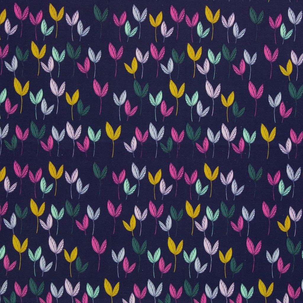 Hochwertiger Canvas Dekostoff von Swafing aus der Kollektion von Emjo Design, filigranes Blättermuster in Gelb, Pink und Mint auf dunkelblauem (Navy) Grund, 100% Baumwolle