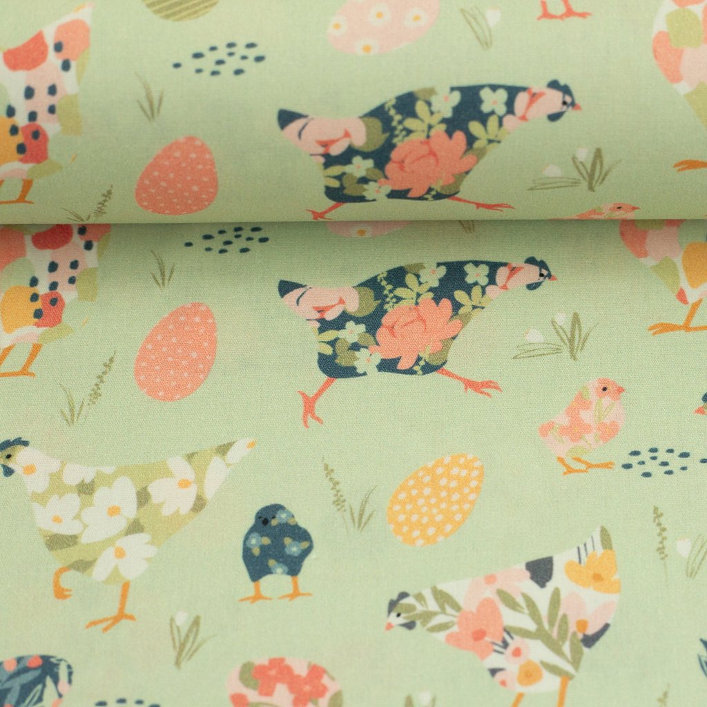 Frühlingshafte Swafing Baumwoll-Webware "Spring" mit niedlichen Osterhühnern und Hennen, 100% Baumwolle, Öko-Tex Standard 100, weicher Webstoff für Oster-Deko und Kinderzimmer