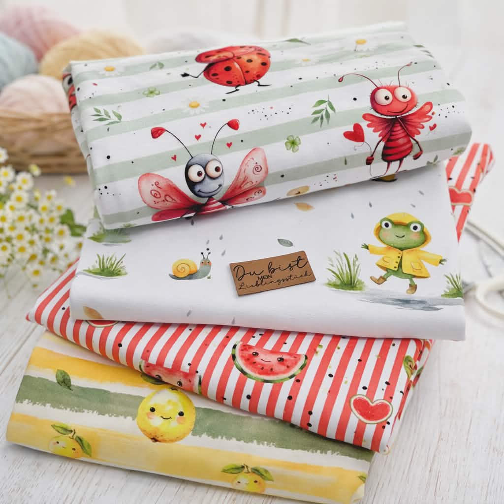 Niedliche Kinderstoffe mit Marienkäfer- und Froschmotiven auf weichem Jersey für bequeme Babykleidung