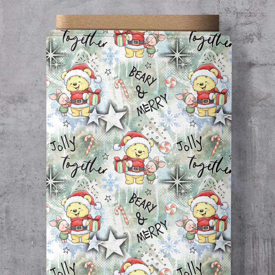 Eigendesign Stoff "Beary and Merry klein" – Winterschlaf-Muster mit schlafenden Bären, Tannenbäumen und Sternen in Mint, Blau und Beere, exklusive Vororder bei Schnuckidu.