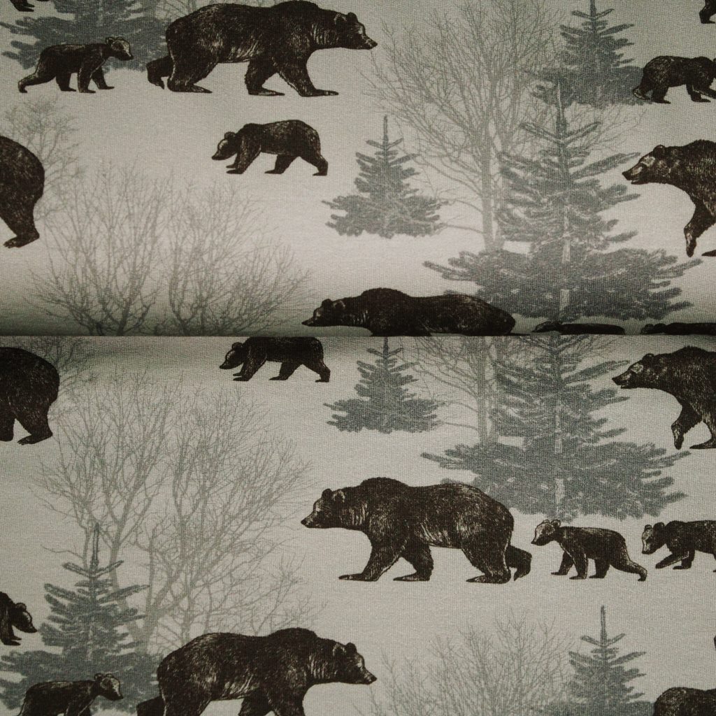 French Terry - Sommersweat - Digitaldruck - Bärenfamilie im Wald auf Taupe