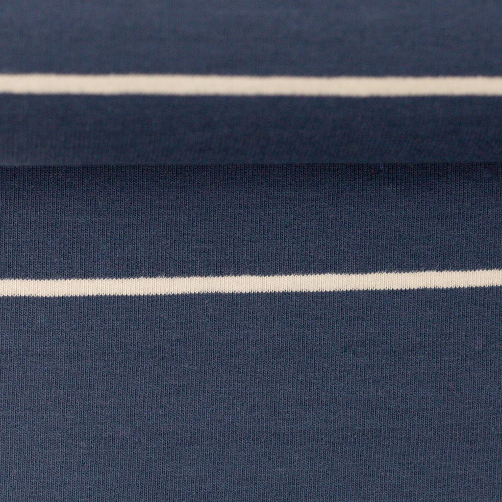 French Terry - Sommersweat Stoff -  Swafing - Sören - Streifen in Ecru auf Jeansblau