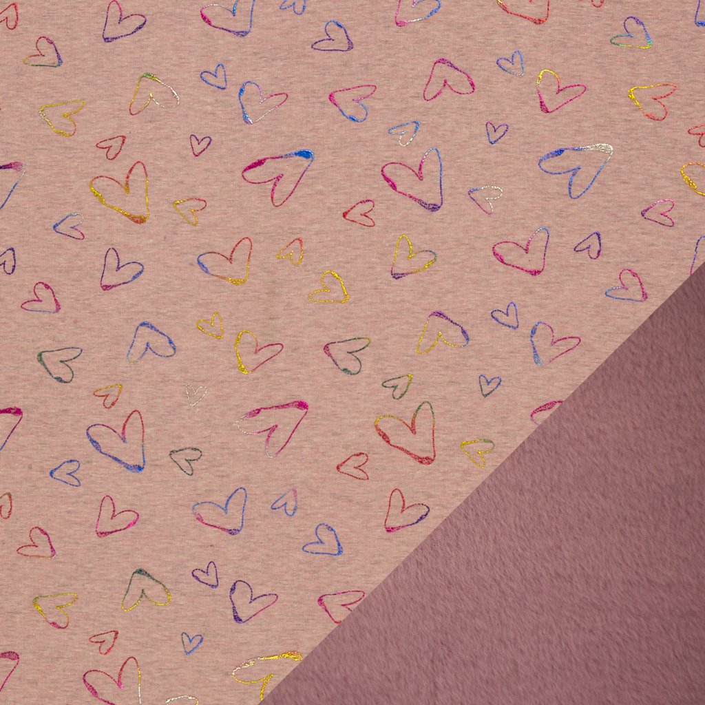 Alpenfleece - Sweat Stoff mit Plüschfell-Abseite - Swafing -  Farsund - Bunte Glitzerherzen Rosa