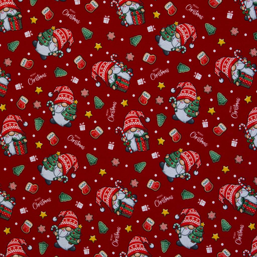 Swafing Sweat Holly angeraut, Motiv niedliche Weihnachtswichtel mit Geschenken und Sternen, Dunkelrot, 95% Baumwolle 5% Elasthan, Vorbestellung 2026