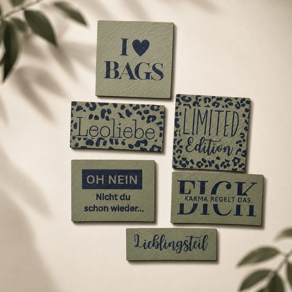 Neue Trendfarbe: Selbstgelaserte Kunstleder-Labels in Olivegrün