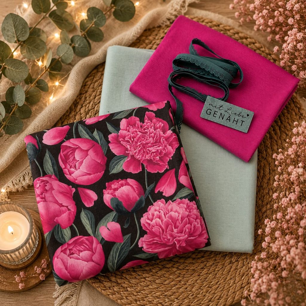 Limitierte Näh-Box mit dem Eigendesign Pink Peonies auf French Terry, passendem Uni French Terry, Bündchen, elastischer Spitze und Kunstlederlabel.