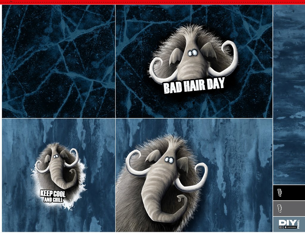 Hochwertiges DIY Kissenpanel aus Samt von Thorsten Berger, Motiv Mammut "Bad Hair Day" und "Keep Cool and Chill", On the Rocks Kollektion, 100% Polyester, Blau-Nuancen