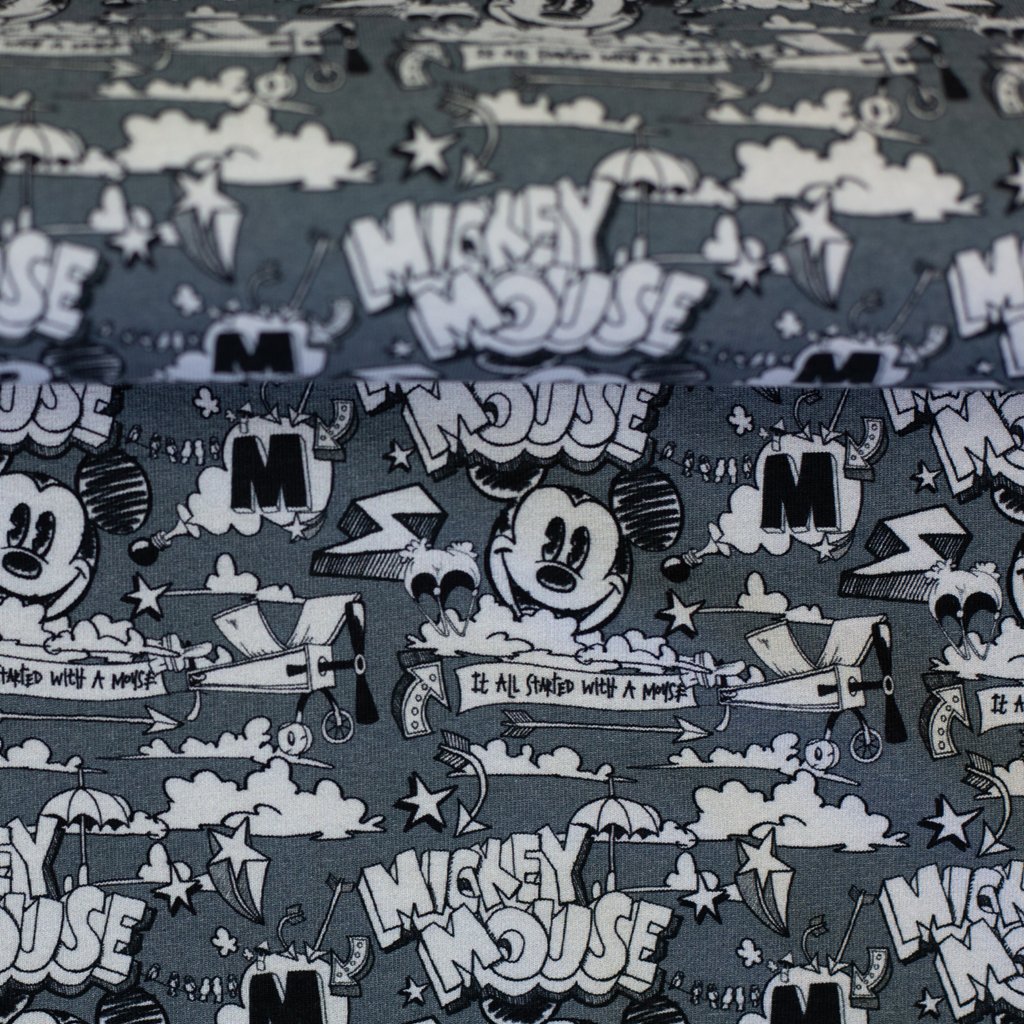 Hochwertiger Baumwolljersey von Swafing mit Disney-Lizenzprint, Mickey Mouse im Vintage-Cartoon-Stil mit Flugzeug, Wolken und "It all started with a Mouse"-Schriftzug auf Grau meliertem Grund, 95% Baumwolle & 5% Elasthan