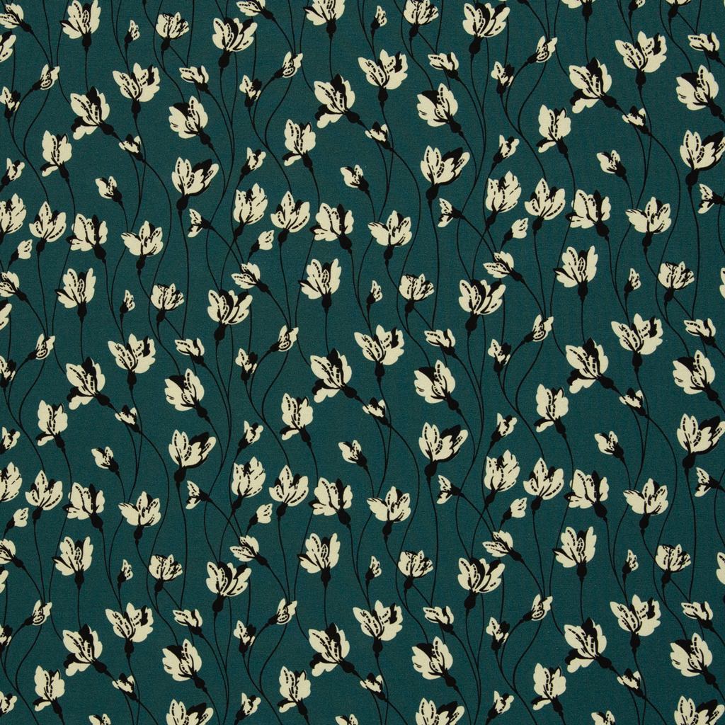 Swafing Motivjersey Kalamos mit feinem floralen Blumenmuster in Creme-Weiß und Schwarz auf petrolfarbenem Hintergrund