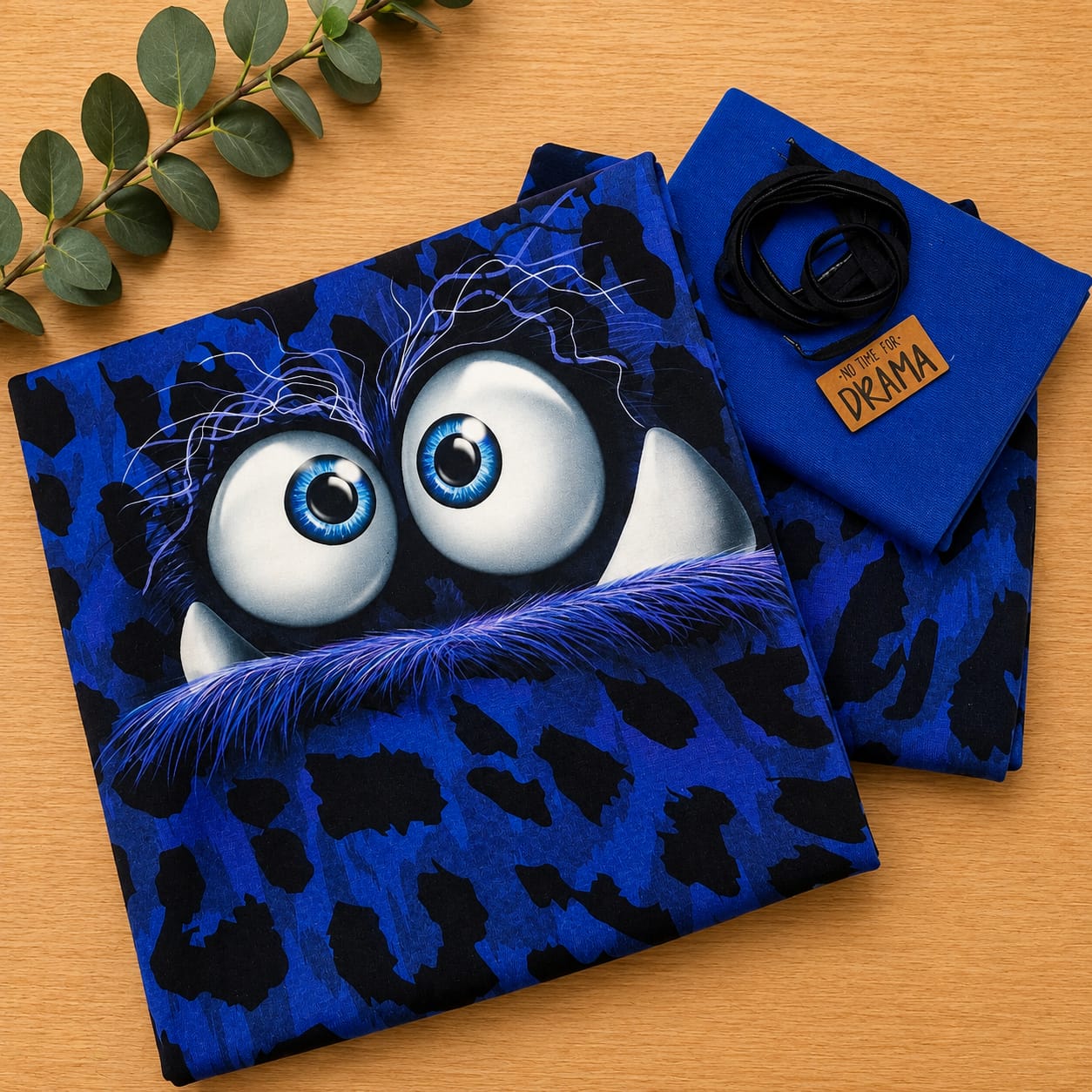 Limitierte Näh-Box Stoffpaket Monsta Blau von Thorsten Berger mit French Terry Panel, Kombistoff, Bündchen, Tüddelband und Kunstlederlabel No Time For Drama.