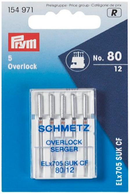 Prym Overlock-Nadeln ELx705 SUK CF Stärke 80 – Spezialnadeln mit mittlerer Kugelspitze und Chrom-Beschichtung für Coverlock- und Overlockmaschinen.