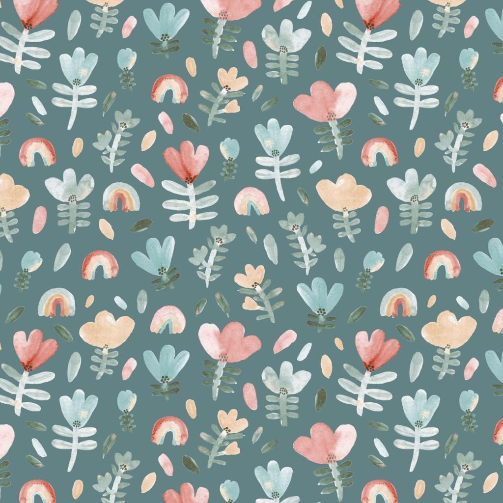 Baumwolljersey - Jersey Stoff - Motivjersey - Kleine Blumen und Regenbögen auf Petrol Stoffrest 80cm