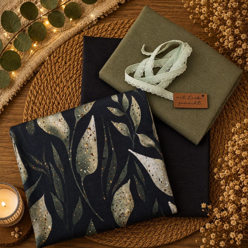 Limitierte Näh-Box mit dem Eigendesign Sprinkle Leaves auf Motivjersey, passendem Uni-Jersey, Bündchen, elastischer Spitze und Kunstlederlabel.