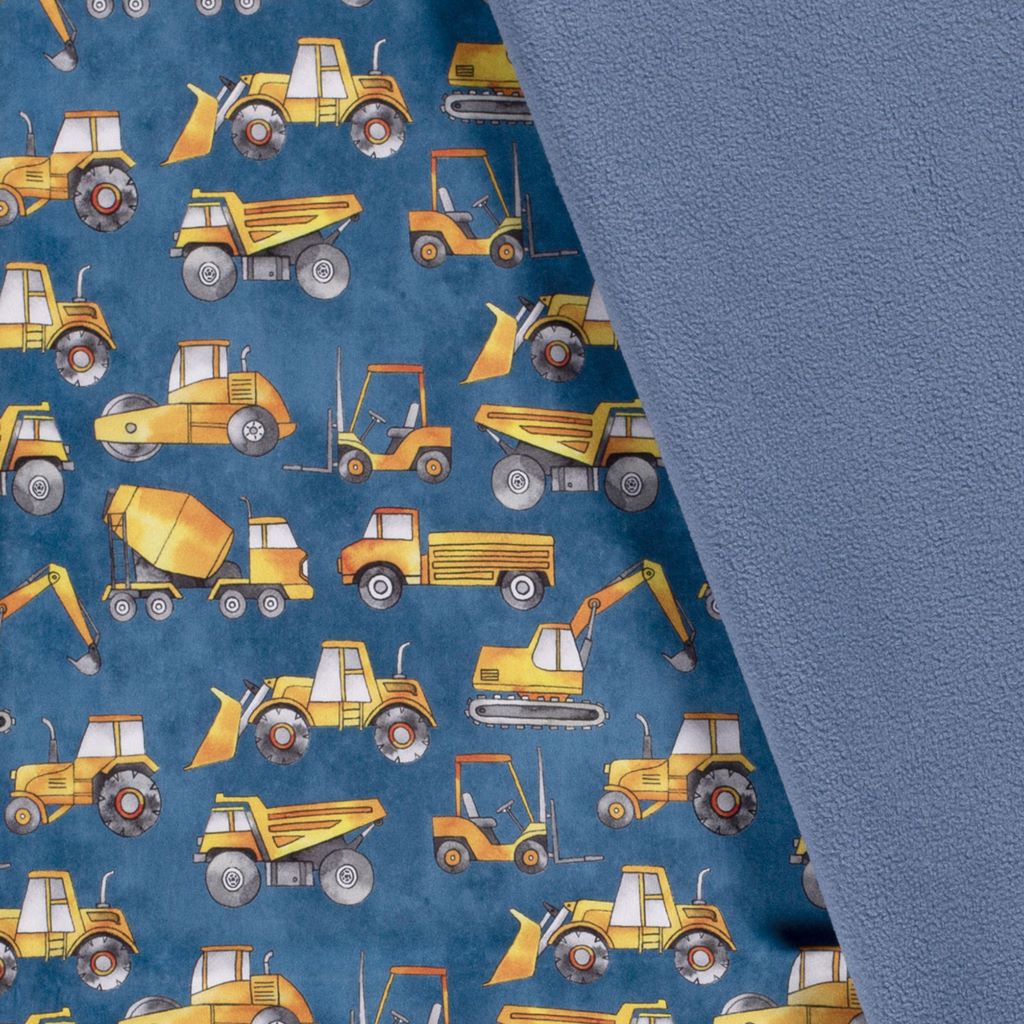 Softshell mit Plüschabseite - Baufahrzeuge auf Mittelblau