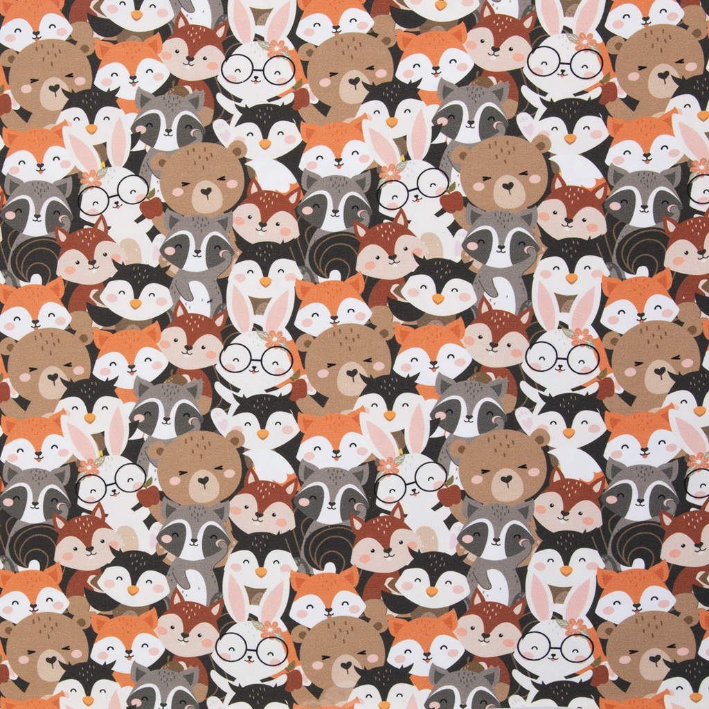 Hochwertiger Swafing Baumwolljersey Gary mit dicht gewimmelten, süßen Tierköpfen wie Hase mit Brille, Bär, Fuchs, Pinguin und Waschbär auf schwarzem Grund
