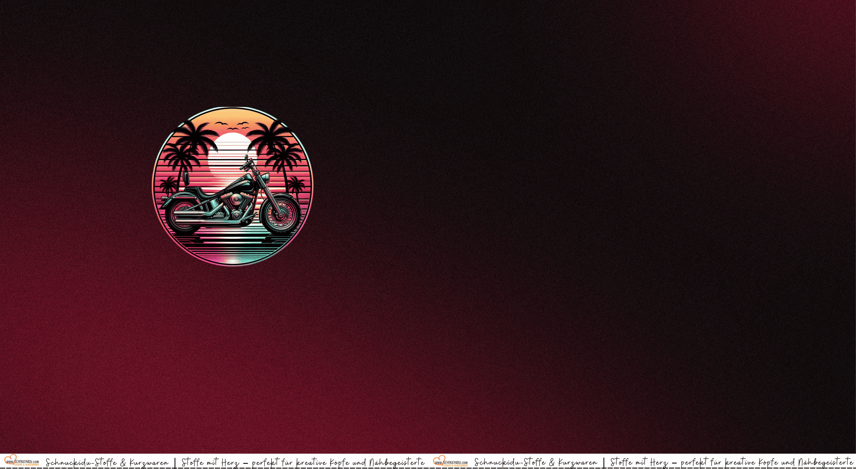 Panel Eigendesign Jersey "Sunny Motorcycle" mit Motorrad vor Palmen-Sonnenuntergang in Retro-Optik auf dunkelrot-schwarz meliertem Grund – ca. 80x155cm, 92% Baumwolle, 8% Elasthan, Öko-Tex Standard 100