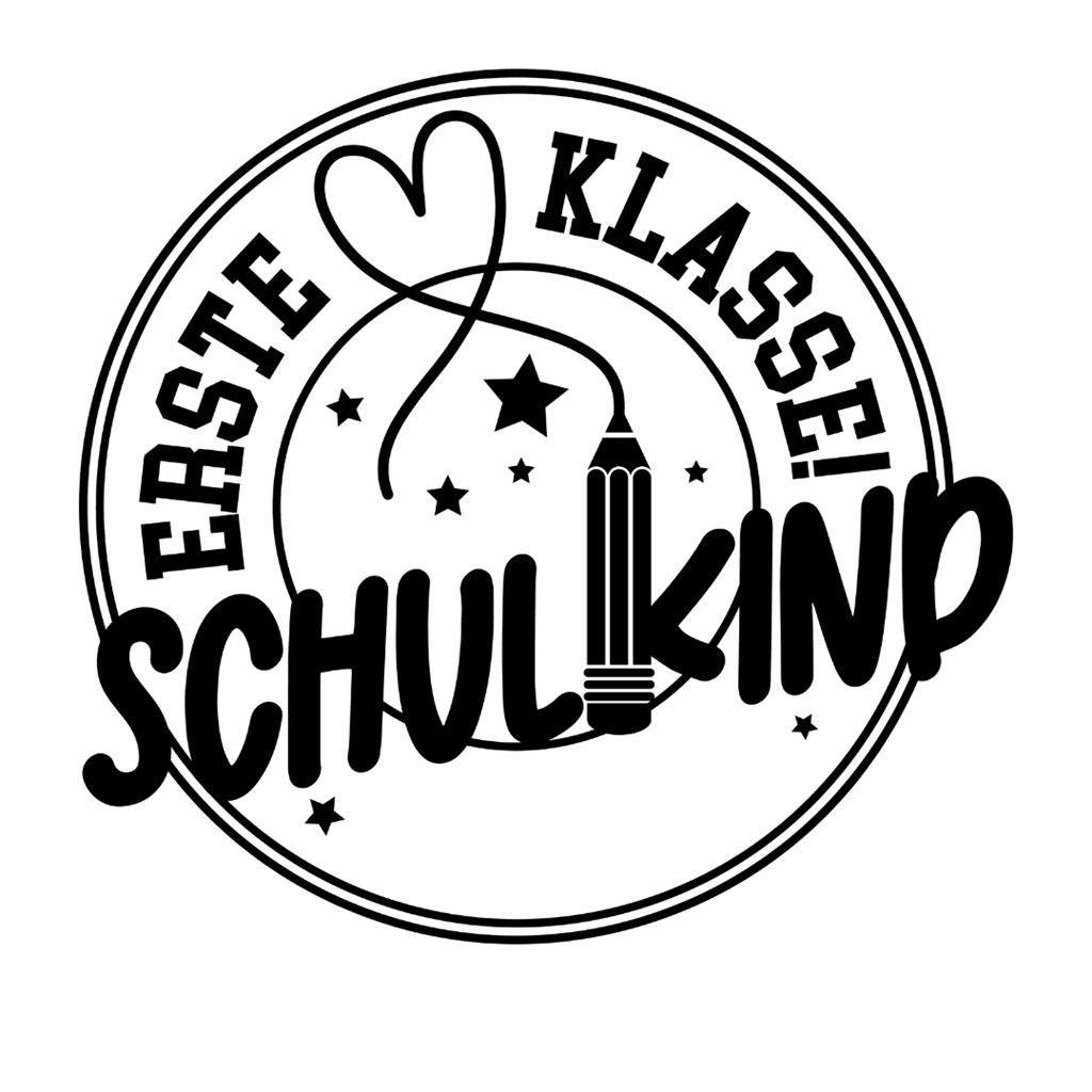 Rundes Bügelbild-Motiv mit dem Schriftzug „Erste Klasse Schulkind“, verziert mit einem Stift, Sternen und einer Herz-Linie.